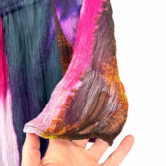 Anthropologie Floreat Dress Large Green Red Blue Watercolor Off Shoulder Flowy - Picture 10 of 16